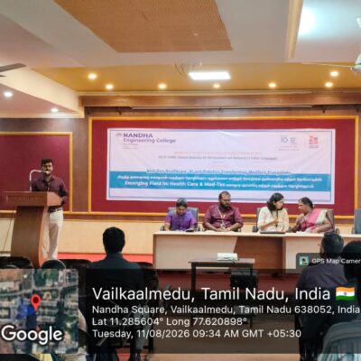 National Level Workshop AICTE–VAANI Sponsored National Level Workshop on Next-Gen Healthcare, focusing on AI and Robotics in MedTech, organized by Nandha Engineering College from 10 to 12 August 2026.